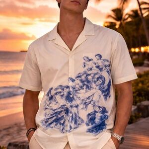 Manfinity White Short-Sleeve Button-Down with Blue Sculptural Print XXL